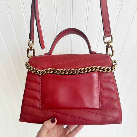 Tory Burch Kira Chevron Top Handle Satchel Apple Red Leather Convertible Bag - Picture 2 of 11